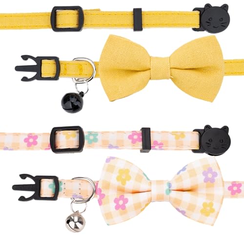Cat Collar with Bow Tie Bell Breakaway Bowtie 2pcs Set Spring Plaid Flower Floral Solid Boy Girl Cute Kitten Safety B [Plaid & Solid] Yellow - color: B [Plaid & Solid] Yellow