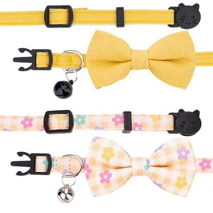 Cat Collar with Bow Tie Bell Breakaway Bowtie 2pcs Set Spring Plaid Flower Floral Solid Boy Girl Cute Kitten Safety B [Plaid & Solid] Yellow - color: B [Plaid & Solid] Yellow