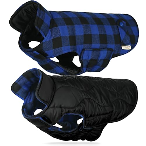 VIVAGLORY Softjoy Dog Coat, Dog Jacket for Winter & Christmas, Coat with Harness Hole, Reversible Plaid Checkered Warm Fluffy Heavy Duty for Puppy, XS, Sapphire Blue Plaid - color: Sapphire Blue Plaid (Reversible Design), size: XS: 15-18in (Chest Girth)