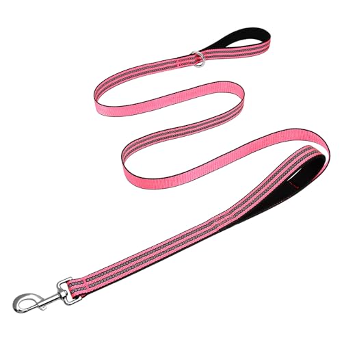Hikiko 4 Foot Dog Leash with Two Handles Heavy Duty Double Handle Traffic Dog Leash Reflective Training Lead, Hot Pink - color: Hot Pink, size: 1 in x 4 ft