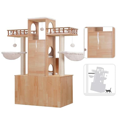 Heybly Cat Tree with Litter Box Enclosure for Indoor Big Cat, Cat Tower for Large Cats 20lbs Heavy Duty, Modern Cat Condo Furniture with Scratching Posts, Walnut HCT110WB - color: Walnut