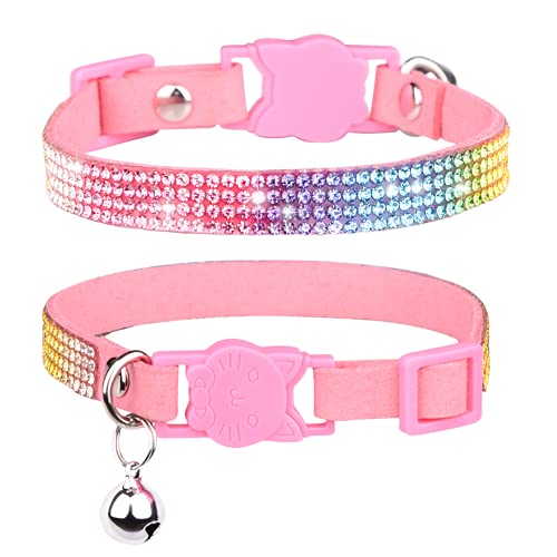 Cat Collar Breakaway Bling Diamond Rhinestone with Bell Adjustable for Cats and Kitten Girl boy (Pink) - color: Pink