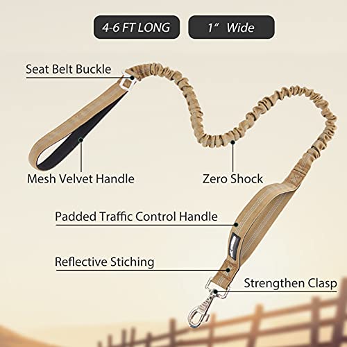 BUMBIN 6Ft Dog Leash Large Dogs, Bungee Dog Leash with 2 Handles, Heavy Duty Leashes for Medium Small Dogs, No Pull Shock Absorbing ，with Car Seat Belt for Training, Brown - color: Brown