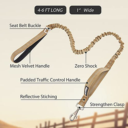 BUMBIN 6Ft Dog Leash Large Dogs, Bungee Dog Leash with 2 Handles, Heavy Duty Leashes for Medium Small Dogs, No Pull Shock Absorbing ，with Car Seat Belt for Training, Brown - color: Brown