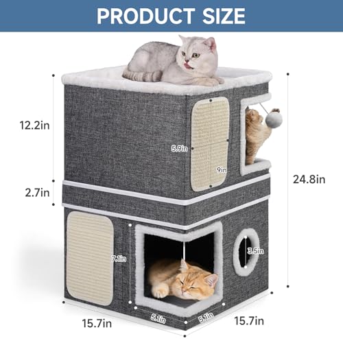 Shikha 2-Storey Cat Houses for Indoor Cats, Dual-Purpose Double Large Cat Beds Cave with Hideaway Condos, Scratch Pads, Fluffy Balls, Foldable Indoor Cat Cube House for Multi Small Pets Kitten, Grey - style: Grey