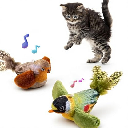 2-pack catnip cat toys that stimulate indoor cats' natural hunting instincts,Interactive plush bird toy with realistic chirping sounds to tease your cat (Brown artificial bird + green artificial bird) - color: Brown artificial bird + green artificial bird