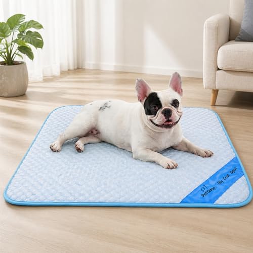 Pet Cooling Mat for Dogs & Cats – Ice-Silk Breathable Washable Foldable Cooling Blanket, Durable Portable Non-Slip Dog Bed for Crate, Kennel, Car & Outdoor Use, Blue 27.6 x 21.6in Medium - size: Medium