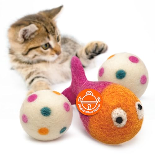 Hustle & Blush Love Ewe Felted Cat Toys 3 Pack - 3 Inch Fish w/Bell & 2 Inch Ball Hand Made Cute & Fun Design Kitten Wool Felt Balls for Indoor Play & Exercise -100% New Zealand Handmade Felted Balls - color: Fish & ball