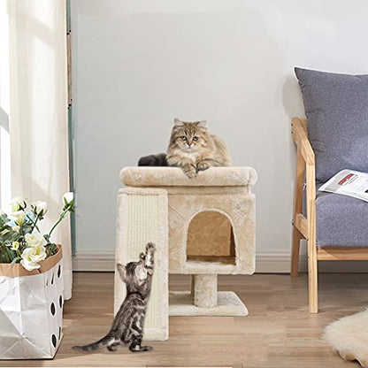 SYANDLVY Small Cat Tree for Indoor Large Cats, Kittens Condo with Scratching Post and Board, Modern Activity Tower with Cave (Beige) - color: Beige