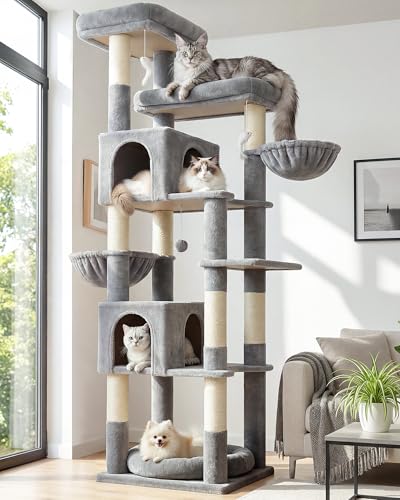 Globlazer Heavy Duty Cat Tree, 81 inch Extra Large Cat Tree for Indoor Cats Large Adult, Sturdy Cat Tower with 8 Scratching Post, 2 Cat Condos, 2 Platform, S81C, Light Grey - color: Light Grey