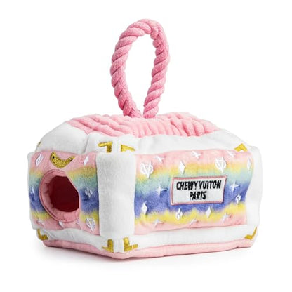 Haute Diggity Dog Chewy Vuiton Trunk Puzzle with 3 Plush Squeaky Dog Toys, Soft Durable Designer-Inspired Stuffed Puppy Chew Toys for Small & Medium Dogs, Machine-Washable (Pink Ombre) One Size - color: Pink Ombre Trunk, size: One Size