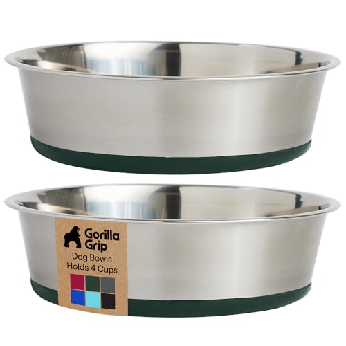 GORILLA GRIP Dog Bowls, Food Grade 304 Stainless Steel, Holds 4 Cups Each (32 fl oz) Food and Water Bowl for Feeding Dogs and Cats, Dishwasher Safe, Rust Resistant, BPA Free Rubber Base Set of 2 Green - color: Hunter Green, size: 4 Cup (32 Oz)