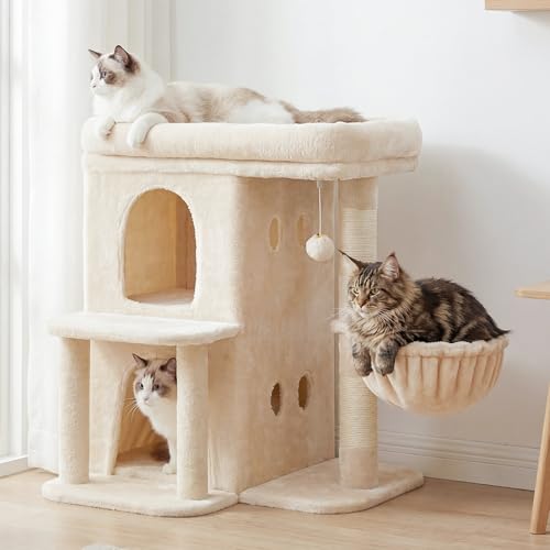 Heybly Cat Tree, 25.6-inch Cat Tower with Spacious Top Perch for Large Cats, Stair-Style Cat House Furniture with Dual-Layer Condos, Sisal Scratching Posts, Cozy Basket & Pompom, Beige HCT204SM - color: Beige, size: 25.6 inch