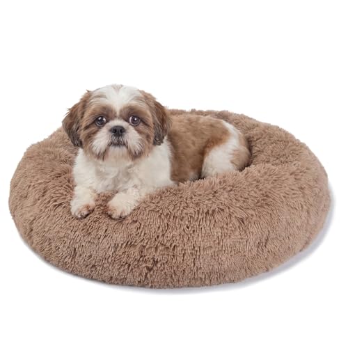 Calming Donut Dogs Beds for Small Dogs Washable,23inch Plush Round Pet Bed for Cozy Sleep,Fluffy Faux Fur Large Cat Bed,Fits up to 25 lbs Pets,Camel - color: Brown, size: 23 inches