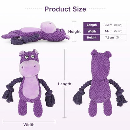Dog Toys, Dog Squeaker Toys with Crinkle Paper, Stuffed Animal Dog Plush Chewing Toy, Cotton Rope Interactive Toys for Puppy, Small, Middle Dogs (Purple Hippo) - color: Purple