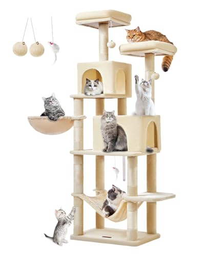 Taoqimiao Cat Tree, 66.2-Inch Cat Tower for Indoor Cats, Plush Multi-Level Cat Condo with 7 Scratching Posts, 2 Perches, 2 Caves, Hammock, 2 Pompoms, Beige MS013M - color: Beige, size: 67 inches