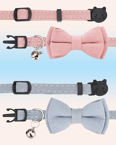Cat Collar Breakaway Bowtie Safety with Bell Adjustbale Kitten Puppy Solid Plaid Color Set A-[2pcs] Pink & Blue Grey - color: A-[2pcs] Pink & Blue Grey