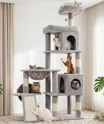 68 Inches Heavy Duty Cat Tree for Indoor Cat, Big Cat Tower with Sisal Scratching Posts and Top Perch, Large Platform for Adult Cats, PMT02GY, Grey - color: Grey