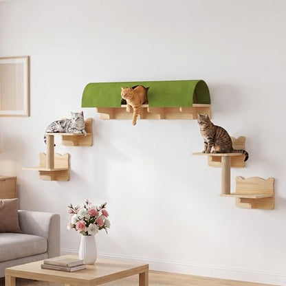 Cat Wall Shelves with Tunnel, 7-in-1 Solid Wood Wall Mounted Cat Furniture with Scratching Post, Cave & Steps, Multi-Level Cat Climbing Wall Systems, Space Saving, Floating Cat Shelves - color: Burlywood, size: 7-in-1