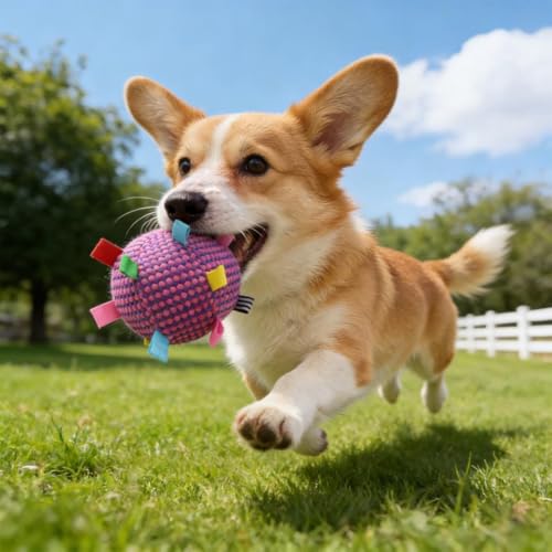 Plush Dog Ball Toy with Bell & Colorful Straps, 6.3 Inch Soft Interactive Fetch Toy, Lightweight Chew Toy for Small & Medium Dogs, Puppy Stuffed Play Ball (Purple) - color: Purple