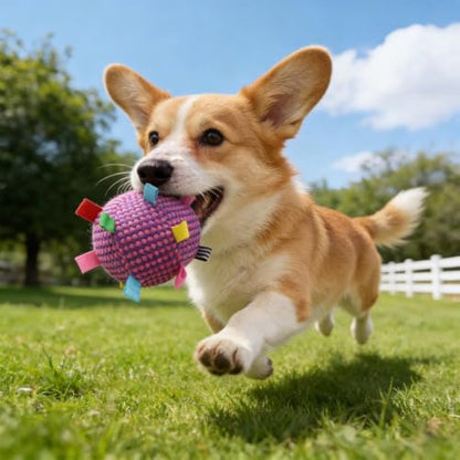 Plush Dog Ball Toy with Bell & Colorful Straps, 6.3 Inch Soft Interactive Fetch Toy, Lightweight Chew Toy for Small & Medium Dogs, Puppy Stuffed Play Ball (Purple) - color: Purple