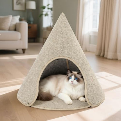 BEQHAUSE Cat Beds for Indoor Cats, Cat Cave Bed with Non-Slip Bottom, Anti-Scratch Cat House Cat Tent for Kittens and Small Dogs, Foldable Kitten Hideaway Machine Washable,22.8 * 22.8 * 20.8in, Beige - color: Beige