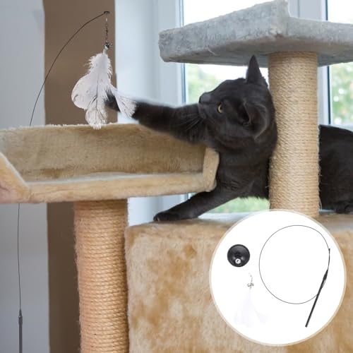 Luxshiny Interactive Cat Teaser Stick with Suction Cup Base, Wire Set with Bell, 10pcs Replacement Heads for Kitten and Indoor Cat Entertainment