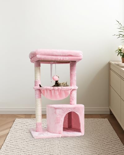 SYANDLVY Small Cat Tree for Indoor Cats, Cat Tower with Scratching Post, Modern Cat House with Padded Perch, Kittens Condo with Cradle, Cat Cave, Pink - color: Pink