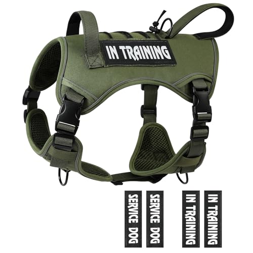 Tactical Dog Harness for Medium Large Size, No Pull Service Dog Vest with Molle System and Control Handle Heavy Duty Pet Vest with 4 Patches, Reflective Adjustable Harness for Walking Training - color: ArmyGreen, size: XL