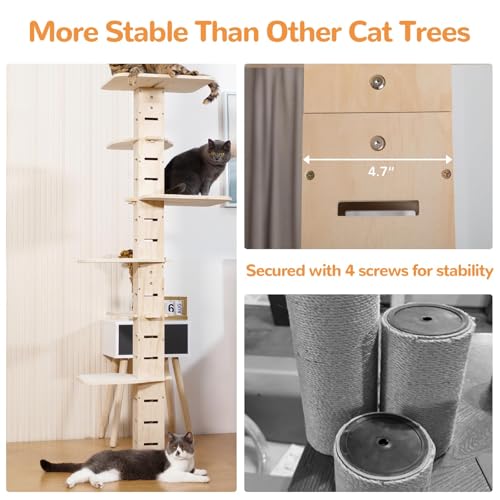 COZIWOW Floor to Ceiling Cat Tree for Large Cats, Cat Tower with Non-Slip Platforms 7 Tier Tall Climbing Pole with Adjustable Height (98-114 Inches) Modern Climbing Tower, Wood, Indoor