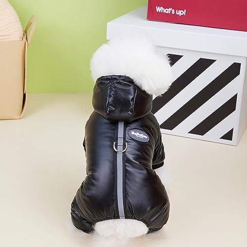 Izefia Dog Coat Windproof Jacket Cold Weather Coats 4 Legs Warm Jumpsuit Winter Thick Clothes Snow Proof Cotton Coat for Small Dog Medium Cat Black M - color: Black, size: Medium (Back length: 8.7 inches)