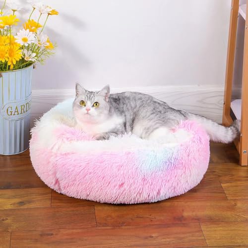 Cat Bed Round Fluffy Hooded Cat Bed Cave, Anti-Anxiety Cave Bed with Hooded Blanket, Cozy Cuddler Luxury Puppy Pet Bed, Anti-Slip Bottom and Machine Washable - color: Rainbow, size: Medium