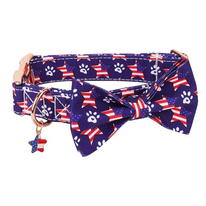 ADOGGYGO American Flag Dog Collar with Bow, Detachable Red Blue Star Pet Bowtie, Metal Buckle, Adjustable Patriotic 4th of July Collars for Large Dogs Boy Girl (Large) - color: American Flag, size: Large