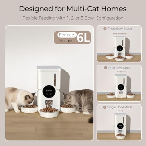 Automatic Cat Feeder for 3 Cats with Slow Feed, 6L Smart WiFi Pet Feeder, 2.4G & 5G Dual-Band, Battery Powered with 15-Day Battery Life, for Cats & Small Dogs (White) - color: White