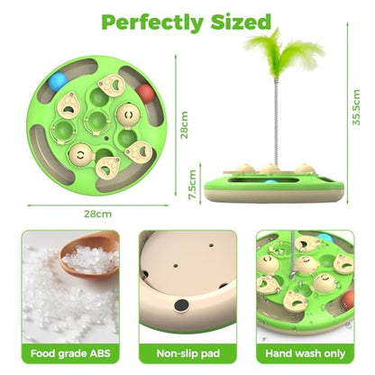 3 in 1 Cat Treat Puzzle Feeder, Level 3 Interactive Cat Puzzle Toy with Track Balls, Feather Teaser & Slow Feeder Insert, Non-Slip Base, Mental Stimulation for Bored Indoor Cats, Green - color: Green