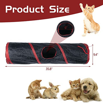 Sheldamy Cat Tunnel, 2-Way Collapsible Play Tunnel, Interactive Toy Maze for Small Animals, Red & Black - color: 2 Way Red & Black