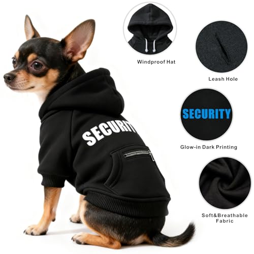 Dog Hoodie Security Glow-in-The-Dark Dog Sweater Sweatshirt Hooded Soft Brushed Fleece Winter Clothes with Dual Pocket Zip Puppy Hoodies for Small Medium Large Dogs Black M - color: Black, size: Medium