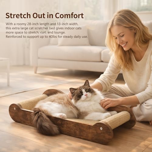 Upgraded Sisal Cat Scratcher Bed，28" Cozy Cat Couch Lounger for Indoor Cats, Long Heavy Duty Scratch Pad for Big Cats up to 40lbs, Modern Furniture Protector