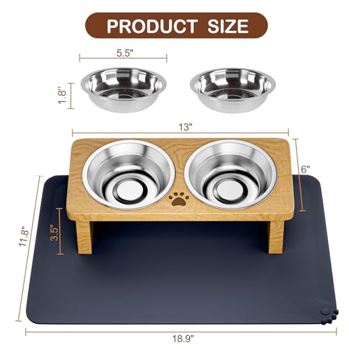 Elevated Cat Bowls, 15° Tilted Raised Cat Food Bowl with Solid Wood Stand & Stainless Steel Dishes, Cat Feeding Station with Silicone Mat, Helps Reduce Vomiting for Cats & Small Dogs(Natural) - color: Natural