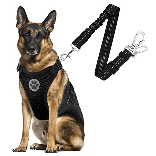 SlowTon Dog Seat Belt Harness for Car, Dog Car Harness Adjustable Mesh Breathable & Dog Seatbelt Safety Tether with Elastic Bungee for Small Medium Large Pets(Black, Double Clip, L) - color: A-Black, size: Large