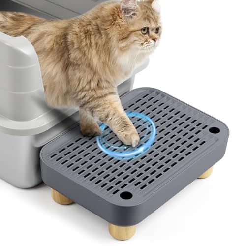 Cat Litter Box Step Ramp, Cat Litter Catcher Mat with Wooden Feet, Filter Function, Pedal Stool for Self-Cleaning Litter Box, Ideal for Kitten & Elderly Cats (Dark Grey) - color: Dark Grey with Base