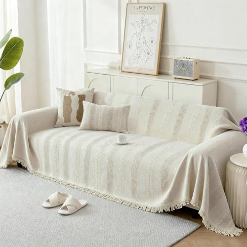 Couch Cover for Dogs, Boho Sofa Covers for 3 Cushion Couch, Chenille Sofa Slipcover for Pets Washable, L-Shape Sectional Loveseat Cover Soft Throw Blankets with Tassels(71x118,Striped Beige) - color: Striped Braid Cream, size: 71*118 inch