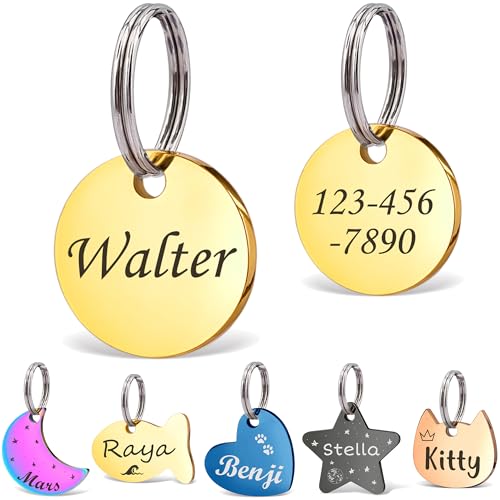 Anavia Small Size Dog Cat ID Tags, Small/XS Personalized Color Plated Stainless Steel Puppy Kitten Name Tags, Customized Engraved Nameplate Pet Collar Tag (Gold, XS-Round) - color: Gold, size: XS-Round