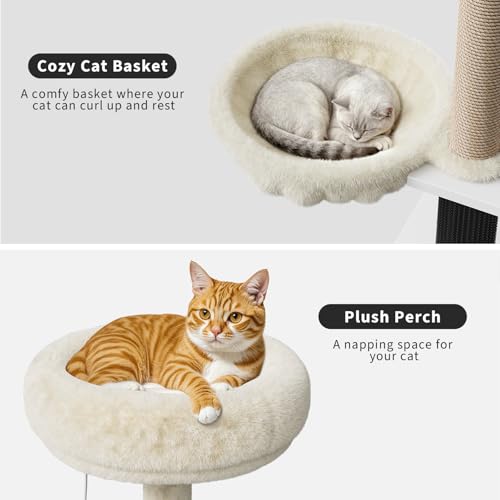 Garvee 53.7-Inch Litter Box Enclosure with Cat Tree, 2-in-1 Modern Large Cat Tower for Indoor Cats with Condo/Hammock/Scratching Post/Plush Perch/Caves, Wooden Hidden Litter Box Furniture, White