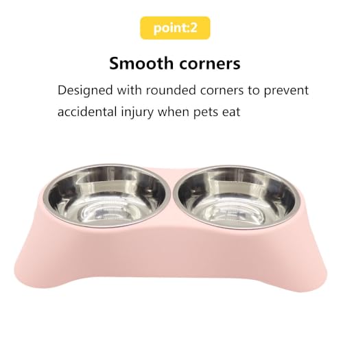 Double Dog Bowl, Stainless Steel Double Bowl, Anti-Slip, Anti-Spill and Removable(Pink-Medium)
