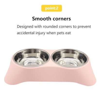 Double Dog Bowl, Stainless Steel Double Bowl, Anti-Slip, Anti-Spill and Removable(Pink-Medium)
