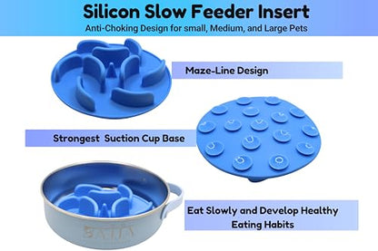Blue Slow Feeder Travel Dog Bowl Set | 30oz Stainless Steel + 20oz Collapsible Silicone Dish | Water Bottle Holder| Non-Slip, Anti-Choking, BPA-Free | We Give Back - color: Slow feeder Blue Bowl