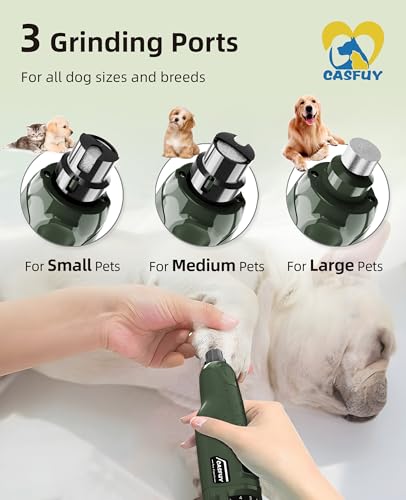 Casfuy Dog Nail Grinder Quiet - (45db) 6-Speed Pet Nail Grinder with 2 LED Lights for Large Medium Small Puppy Dogs/Cats, Professional 3 Ports Rechargeable Electric Dog Nail Trimmer with Dust Cap - color: Green