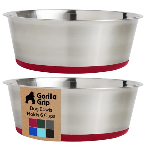 GORILLA GRIP Dog Bowls, Food Grade 304 Stainless Steel, Holds 6 Cups Each (48 fl oz) Food and Water Bowl for Feeding Dogs and Cats, Dishwasher Safe, Rust Resistant, BPA Free Rubber Base Set of 2 Red - color: Red, size: 6 Cup (48 Oz)