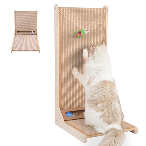 Sisal Cat Scratchers for Indoor Cats, 26.8'' L-Shape Cat Scratching Board, Solid Wooden Cats Scratch Pad with Mouse Toy, Large Cats Scratching Posts to Protect Furniture(Vertical Scratcher) - size: Vertical